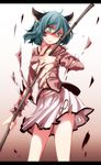  animal_ears bad_id bad_pixiv_id bamboo_broom blush breasts broom dress green_eyes green_hair highres kasodani_kyouko letterboxed long_sleeves medium_breasts open_mouth s-syogo short_hair skirt solo torn_clothes torn_skirt touhou 