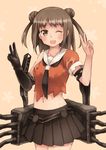  ;d blush brown_eyes brown_hair double_bun double_v elbow_gloves gloves kantai_collection kouno_hikaru looking_at_viewer naka_(kantai_collection) navel one_eye_closed open_mouth skirt smile solo tears torn_clothes v 