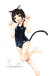  animal_ears bakushunka black_hair brown_eyes cat_ears highres one-piece_swimsuit original paw_pose school_swimsuit short_hair solo swimsuit tail tongue tongue_out 