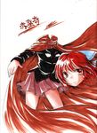  bow cape disembodied_head freeze-ex hair_bow long_sleeves marker_(medium) miniskirt pleated_skirt red_eyes red_hair red_skirt sekibanki short_hair skirt solo touhou traditional_media 