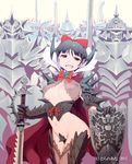  apple_print armor bare_shoulders blue_hair blush bow breasts brown_eyes corset gloves hair_bow harem_gain highres horns large_breasts midriff mole nipples official_art open_mouth see-through shield skull_print smile sword thighhighs watermark weapon zasha 