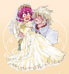  1girl :o aida_mana bad_id bad_pixiv_id blonde_hair blush bridal_veil bride carrying dokidoki!_precure dress elbow_gloves flipped_hair flower formal gloves jewelry kanko_(lil) marsh_(dokidoki!_precure) necklace pearl_necklace pink_eyes pink_hair pointy_ears precure princess_carry rose short_hair suit surprised veil wedding_dress yellow_background yellow_flower yellow_rose 