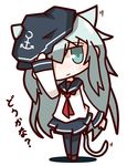  adjusting_clothes adjusting_hat animal_ears aqua_eyes aqua_hair blush_stickers cat_ears cat_tail chibi hat hibiki_(kantai_collection) highres kantai_collection kemonomimi_mode long_hair long_sleeves looking_at_viewer neckerchief nuu_(nu-nyu) pantyhose school_uniform serafuku solo tail translated 