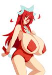  1girl aeon708 ahoge bare_shoulders breasts breasts_outside bunny_tail female gigantic_breasts hair_ornament huge_breasts large_breasts long_hair open_mouth original pasties red_eyes red_hair simple_background solo standing tail white_background 