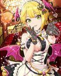  :d artist_request black_gloves blonde_hair breasts center_opening corset dress gloves green_eyes hair_ornament headdress idolmaster idolmaster_cinderella_girls medium_breasts miyamoto_frederica official_art open_mouth outstretched_hand smile solo wings 
