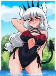  1girl annoyed arm_at_side arm_behind_head arm_up armpit_crease ass_visible_through_thighs bare_arms bare_shoulders black_choker black_one-piece_swimsuit black_tail black_tiara blue_sky blunt_bangs blush border breasts bush choker cleavage cleavage_cutout closed_mouth clothing_cutout cloud commentary contrapposto covered_navel cowboy_shot criss-cross_halter cutout_above_navel day demon_girl demon_horns demon_tail english_commentary from_below frown hair_tie halterneck helltaker highres hip_vent horns large_breasts long_hair looking_at_viewer looking_down low-tied_long_hair lower_eyelashes_only lucifer_(helltaker) mole mole_under_eye one-piece_swimsuit osulan outdoors outside_border red_eyes red_trim red_wings reflection reflective_liquid side-tie_one-piece_swimsuit side-tie_swimsuit sidelocks sky solo standing straight-on swimsuit tail tiara twitter_username v-shaped_eyebrows wading water wavy_mouth wet white_border white_hair white_horns wings 