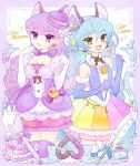  2girls animal_ears blue_hair border braid bubble_skirt cat_ears cat_girl cat_tail commentary_request cure_cosmo cure_macaron dress elbow_gloves food gloves in-franchise_crossover kirakira_precure_a_la_mode kotozume_yukari long_hair macaron magical_girl mixer_(cooking) multicolored_skirt multiple_girls nene_(oneoneo13) outside_border precure puffy_short_sleeves puffy_sleeves purple_dress purple_hair quill short_sleeves skirt sleeveless smile star_twinkle_precure tail twin_braids yuni_(precure) 