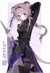  1girl animal_ears arknights arm_behind_head arm_up black_dress black_hairband black_pantyhose breasts character_name closed_mouth commentary cowboy_shot dress expressionless grey_background hairband highres holding lin_(arknights) long_hair long_sleeves looking_at_viewer medium_breasts mouse_ears mouse_girl pantyhose pink_hair ppigsol purple_eyes solo standing tail white_background 