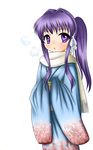  clannad fujibayashi_kyou fujieda_hiro highres japanese_clothes kimono long_hair ponytail purple_eyes purple_hair scarf solo 
