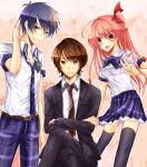  1girl 2boys ahoge belt black_jacket black_pants black_thighhighs blue_hair bow bowtie breasts brown_belt chaos;head chaos;head_love_chu_chu! chiyomaru_shikura collarbone collared_shirt commentary_request crossed_legs dress_shirt gesture_request grin jacket long_hair looking_at_viewer loose_necktie miniskirt multiple_boys necktie nervous_smile nishijou_myu nishijou_takumi open_collar open_mouth pants petticoat pink_eyes pink_hair plaid_bow plaid_bowtie plaid_clothes plaid_necktie plaid_pants plaid_skirt plaid_sleeves purple_pants real_life sakihata_rimi school_emblem school_uniform science_adventure shirt shirt_tucked_in short_sleeves sitting skirt small_breasts smile standing striped_clothes striped_necktie suimei_academy_school_uniform suit suit_jacket summer_uniform thighhighs white_shirt yellow_eyes 