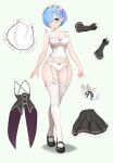  1girl absurdres apron black_corset black_ribbon black_shoes black_skirt black_sleeves blue_eyes breasts camisole cleavage collarbone commentary_request corset detached_collar detached_sleeves frilled_skirt frills full_body garter_straps gibun_(sozoshu) hair_over_one_eye highres large_variant_set maid maid_apron mary_janes medium_breasts navel panties re:zero_kara_hajimeru_isekai_seikatsu rem_(re:zero) ribbon roswaal_mansion_maid_uniform shadow shoes skirt solo standing stomach thighhighs underwear unworn_apron unworn_corset unworn_sleeves variant_set waist_apron white_camisole white_garter_straps white_panties white_thighhighs 