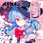  1girl :3 black_hat blue_hair blush bow bowtie closed_mouth commentary_request commission fruit_hat_ornament hat hat_ornament highres hinanawi_tenshi leaf_hat_ornament long_hair looking_at_viewer peach_hat_ornament puffy_short_sleeves puffy_sleeves red_bow red_bowtie red_eyes shirocha_tei shirt short_sleeves skeb_commission smile solo sparkle touhou twitter_username upper_body watermark watermark_grid white_shirt 