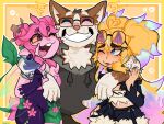  1boy 2girls ahoge animal_ears animal_hands arielle_(vtuber) arm_tattoo bell bell_earrings black_shirt black_shorts blonde_hair blue_eyes bodysuit breasts cleavage colored_sclera colored_skin commentary crossed_bangs dog_boy dog_ears earrings english_commentary eyewear_on_head fairy fairy_wings flower froggyloch_(vtuber) glasses goldentoast grey_hoodie grin hair_between_eyes hair_bun heart heart_ahoge highres hood hoodie hug indie_virtual_youtuber jewelry leaf_clothing leaf_tail liquid_hair long_hair multicolored_hair multiple_girls navel one_eye_closed open_mouth paintbrush paintbrush_hair_ornament papamutt pink_flower pink_hair pink_skin pointy_ears rainbow_hair red_eyes shirt short_twintails shorts sidelocks smile snail_shell strapless suspenders tattoo teeth thighs tongue torn_clothes torn_shirt triangular_eyewear tube_top twintails virtual_youtuber white_tube_top wings yellow_sclera 
