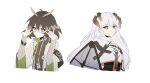  2girls adjusting_eyewear arknights armband black_shirt breasts brown_hair coat commentary_request crop_top cropped_torso dragon_horns feather_hair green_jacket grey_coat grey_hair hands_up highres horns id_card jacket johyang_e korean_commentary long_hair looking_at_viewer medium_breasts multiple_girls rhine_lab_logo saria_(arknights) shirt short_hair silence_(arknights) simple_background small_breasts squeans two-sided_fabric two-sided_jacket undershirt white_background white_shirt yellow_eyes yellow_jacket 