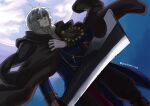  1boy ascot black_pants blue_coat cleaver coat commentary_request floating_clothes formal_clothes from_below full_moon fur_coat gloves holding holding_cleaver holding_coat holding_unworn_clothes holding_weapon looking_at_viewer male_focus medium_hair melty_blood melty_blood:_type_lumina messy_hair moon night overcoat pale_skin pants partially_shaded_face red_eyes serious solo tsukihime tsukihime_(remake) unworn_coat vampire vlov_arkhangel weapon white_gloves youta-san 