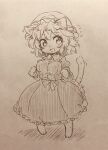  1girl absurdres animal_ears animal_hands breasts cat_ears cat_feet cat_tail collared_dress commentary_request dress efukei frilled_dress frills furry furry_female greyscale hat highres maribel_hearn medium_breasts mob_cap monochrome sketch solo standing tail touhou traditional_media translation_request 