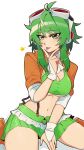  1girl antenna_hair artist_name between_legs blueysart breasts bridal_gauntlets cleavage commentary cropped_jacket gloves goggles goggles_on_head green_eyes green_hair green_nails green_skirt green_tank_top gumi hand_between_own_legs highres jacket looking_at_viewer miniskirt nail_polish navel orange_jacket short_hair_with_long_locks simple_background sitting skirt solo star_(symbol) tank_top tongue tongue_out vocaloid wariza white_background white_gloves 