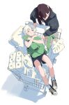 2girls absurdres bang_dream! bang_dream!_it's_mygo!!!!! black_shorts blue_eyes bread brown_hair closed_mouth commentary_request food gommotheworld grey_shirt highres in_shopping_cart kaname_raana korean_commentary long_hair long_sleeves multiple_girls partially_colored shiina_taki shirt shopping_cart short_hair short_sleeves shorts simple_background socks white_background white_hair white_socks yellow_eyes 
