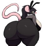 absurd_res anthro big_breasts big_butt black_hair breasts buckteeth butt butt_focus fake_ears fake_rabbit_ears feladrine female fur green_eyes grey_body grey_fur hair hairless_tail heart_symbol hi_res huge_breasts huge_butt looking_back mammal murid murine rat rat_tail rodent simple_background solo standing tail teeth white_background
