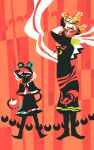  2girls abstract animal_ears arm_up capelet dress eico eyed_silhouette full_body hagoromo highres looking_at_another looking_at_viewer mouse_ears mouse_girl mouse_tail multiple_girls nazrin orange_background red_background shawl silhouette standing straight-on tail toramaru_shou touhou two-tone_background 