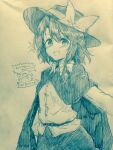  2girls :d blush bow buttons cape collared_shirt commentary_request cowboy_shot efukei hair_between_eyes hair_bow hat hat_bow highres looking_at_viewer maribel_hearn mob_cap monochrome multiple_girls open_mouth shirt short_hair sidelocks smile sparkle touhou traditional_media translation_request usami_renko 