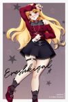  1girl alternate_costume artist_name black_bow black_nails black_skirt black_socks blonde_hair blush bow bow_ring brooch can casual cellphone character_name character_signature choker commentary earrings ereshkigal_(fate) fashion fate/grand_order fate_(series) fingernails frills globus_cruciger gradient_background hair_bow hand_on_own_head heart heart_brooch highres holding holding_phone iphone jewelry jirai_kei lace lace_trim long_hair long_sleeves looking_at_viewer lying mary_janes multiple_rings nail_polish off-shoulder_sweater off_shoulder orange_eyes paid_reward_available parted_bangs phone pillow planet_necklace red_bow red_choker red_eyes red_shirt ring shirt shoes signature simple_background skirt smartphone socks solo star_(symbol) sweater twitter_username two_side_up vivienne_westwood xkzan y2k_fashion 