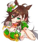  1girl ahoge animal_ears arm_strap asymmetrical_jacket blush breasts brown_hair choker commentary_request cropped_shoulders dirty dirty_clothes dirty_face green_shirt hair_ornament hat highres horse_ears horse_girl jacket long_hair looking_at_viewer mini_hat mini_top_hat mr._c.b._(clear_bliss)_(umamusume) mr._c.b._(umamusume) nenden_(user_ujdp8383) parted_lips shirt single_bare_shoulder single_sleeve single_wrist_cuff smile solo strapless strapless_shirt top_hat umamusume white_jacket wrist_cuffs yellow_choker 