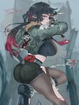  1girl absurdres animal_ears ass black_hair black_pantyhose black_thighhighs breasts commentary_request fingerless_gloves from_side gloves green_eyes high-waist_shorts highres holding holding_weapon jacket jane_doe_(zenless_zone_zero) large_breasts long_hair looking_at_viewer momomosae mouse_ears mouse_girl mouse_tail multicolored_hair pantyhose red_hair red_nails sharp_tail shorts single_leg_pantyhose smile solo tail thighhighs torn_clothes torn_pantyhose torn_thighhighs very_long_tail weapon zenless_zone_zero 