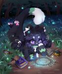 anthro biped black_body black_fur black_hair book claws clock clothing detailed_background digital_media_(artwork) dipstick_tail domestic_cat felid feline felis female fluffy fluffy_tail forest forest_background fur hair hi_res holding_object holding_torch hoodie inner_ear_fluff magic magic_circle mammal markings monotone_body monotone_fur nature nature_background night open_mouth outside pawpads plant purple_eyes purple_markings scroll skull_accessory snow snowing solo tail tail_markings topwear torch tree tuft watch white_fingers white_nose white_tail_tip yoshinokyoko