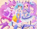  3girls animal_ears blue_dress blue_hair boots bubble_skirt cat_day cat_ears cat_girl cat_tail commentary_request cowboy_shot cure_beat cure_cosmo cure_macaron dress elbow_gloves fairy frilled_dress frills gloves in-franchise_crossover inset_border kirakira_precure_a_la_mode kotozume_yukari kurokawa_eren long_hair magical_girl multiple_girls nene_(oneoneo13) one_eye_closed outside_border precure puffy_short_sleeves puffy_sleeves purple_dress purple_hair short_sleeves side_ponytail simple_background skirt smile star_twinkle_precure suite_precure tail thigh_boots very_long_hair yellow_background yuni_(precure) 