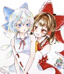  3girls ascot blue_bow blue_dress blue_eyes blue_hair blush bow brown_hair cirno closed_mouth commentary_request daiyousei detached_sleeves detached_wings dress frilled_bow frilled_hair_tubes frills frown green_hair hair_bow hair_ribbon hair_tubes hakurei_reimu highres hug ice ice_wings long_hair multiple_girls neck_ribbon one_side_up open_mouth red_bow red_eyes red_ribbon red_skirt ribbon ribbon-trimmed_sleeves ribbon_trim sahanna short_hair skirt skirt_set smile touhou wings yellow_ascot yellow_ribbon yuri 