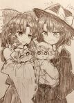  4girls absurdres blush bow capelet cheek_pinching chibi collar commentary_request cowboy_shot detached_sleeves efukei graphite_(medium) greyscale hair_bow hair_tubes hakurei_reimu hat hat_bow highres holding long_hair long_sleeves maribel_hearn mini_person minigirl mob_cap monochrome multiple_girls open_mouth pinching shirt shirt_tucked_in short_hair skirt sleeve_cuffs surprised tears touhou traditional_media usami_renko yakumo_yukari 