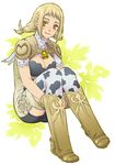  animal_print bad_id bad_pixiv_id bell blonde_hair boots braid breasts brown_footwear cleavage cow_print final_fantasy final_fantasy_xii large_breasts new_year penelo saida_nika solo thighhighs twin_braids 