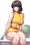  1girl black_hair blue_eyes breasts commentary fa_yuiry gloves gundam haro highres large_breasts looking_at_viewer medium_hair nagase_haruhito parted_lips simple_background sitting sleeveless solo twitter_username white_background zeta_gundam zeta_gundam_define 