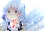  1girl angel angel_beats! angel_wings bilingual_commentary bloom blush brooch collared_shirt commentary copyright_name crying crying_with_eyes_open dress_shirt english_text eyelashes eyes_visible_through_hair floating_hair glint grey_hair half_updo hand_up highres jacket jewelry long_hair long_sleeves looking_at_viewer mixed-language_commentary neck_ribbon parted_bangs parted_lips ponytail ribbon school_uniform shirt short_ponytail sidelocks sign simple_background solo streaming_tears tachibana_kanade tears upper_body white_background white_shirt wings yellow_eyes yellow_jacket yellow_ribbon yuteke_key 