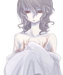  cruithne curly_hair dress grey_hair izanami looking_away persona persona_4 red_eyes silver_hair simple_background solo upper_body white_background white_dress 