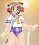  animal_ears bad_id bad_pixiv_id brown_hair cat_ears cat_tail green_eyes hose no_pants one-piece_swimsuit original papaneko school_swimsuit school_uniform serafuku short_hair solo sponge swimsuit swimsuit_under_clothes tail 