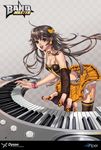  band_master blue_eyes briska brown_hair earrings elbow_gloves fingerless_gloves foreshortening garter_belt gloves instrument jewelry keyboard_(instrument) long_hair nail_art nail_polish orange_nails solo synthesizer thighhighs 