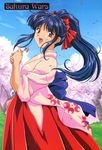  blue_hair bow brown_eyes cherry_blossoms flower japanese_clothes kikuchi_youko kimono long_hair non-web_source object_namesake official_art ponytail red_bow sakura_taisen shinguuji_sakura solo 