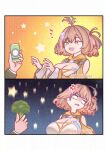  1boy 1girl ahoge ahoge_wag anger_vein anis_(nikke) anis_(star)_(nikke) bandeau bare_shoulders breasts broccoli brown_hair can cat_ornament cleavage clothing_cutout commander_(nikke) disgust drink_can drooling expressive_hair frown goddess_of_victory:_nikke highres large_breasts mouth_drool notice_lines open_mouth rolling_eyes short_hair shoulder_cutout shrug_(clothing) signature smile soda_can solo_focus star-shaped_pupils star_(symbol) symbol-shaped_pupils white_bandeau xarkuwn yellow_eyes yellow_shrug 