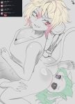  2girls absurdres animal_ears ass black_sclera blonde_hair blue_eyes blush breasts cleavage colored_sclera cow_ears cow_girl cow_horns crelly crelly_(crelly_3.0) cunnilingus feet green_hair grey_sclera grin hair_between_eyes heterochromia highres horns indie_virtual_youtuber koko_d._nuts large_breasts looking_down matt_estrela mechanical_arms mismatched_sclera monkey_ears monkey_girl monkey_tail multicolored_eyes multicolored_hair multiple_girls oral partially_colored pink_eyes pink_hair red_eyes short_hair single_mechanical_arm sitting_on_face sketch smile soles tail tank_top thighs toes virtual_youtuber yellow_eyes yuri 