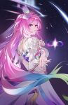  1girl absurdres amiris_(amiris76455574) amphoreus_(honkai:_star_rail) aqua_hair breasts commentary_request cyrene_(demiurge)_(honkai:_star_rail) cyrene_(honkai:_star_rail) diamond-shaped_pupils diamond_(shape) dress firing flower hair_flower hair_ornament highres honkai:_star_rail honkai_(series) korean_commentary large_breasts long_hair looking_at_viewer mobius_strip multicolored_hair pink_hair purple_eyes reaching reaching_towards_viewer sky solo star_(sky) starry_sky symbol-shaped_pupils two-tone_hair very_long_hair white_dress 