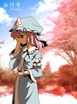  arm_garter artist_name black_ribbon blue blue_sky brown_eyes character_name cherry_blossoms cloud covering_one_eye day hand_on_own_face hands hat japanese_clothes kimono looking_away nightea pink_hair ribbon ribbon-trimmed_collar ribbon_trim saigyouji_yuyuko short_hair signature sky solo touhou tree triangular_headpiece 