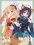  3girls animal_collar animal_ear_fluff animal_ears animal_on_head belt black_belt black_collar blue_eyes blue_hoodie blue_kimono blue_nails blue_skirt blue_sleeves blunt_bangs blush blush_stickers border brown_sash cho_kaguya-hime! closed_mouth cloud_print collar commentary_request cowboy_shot crescent crescent_hair_ornament dog double-parted_bangs double_bun egasumi fang fishnet_thighhighs fishnets floral_print forehead_jewel fox_ears fox_girl fox_shadow_puppet fox_tail fushi_(cho_kaguya-hime!) gradient_sleeves green_border green_eyes grin hair_bun hair_ornament highres hood hoodie inudoge japanese_clothes kaguya_(cho_kaguya-hime!) kemonomimi_mode kimono long_hair long_sleeves low-tied_long_hair mini_person mini_person_on_head minigirl multiple_belts multiple_girls nikaon obi on_head open_mouth parted_bangs pink_nails pleated_skirt purple_hair purple_sleeves rabbit_ears rabbit_girl red_eyes red_kimono runami_yachiyo sakayori_iroha sash sea_slug short_hair short_sleeves shoulder_belt signature simple_background skin_fang skirt smile split_mouth tail teeth thigh_strap thighhighs twitter_username upper_teeth_only v v-shaped_eyebrows very_long_hair white_background white_hair wide_sleeves 