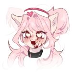 assrx black_collar blood blood_on_face blush bodily_fluids clothing collar equid equine female fur hair hasbro hat headgear headwear heart_pupils heart_symbol horse insane licking licking_blood licking_lips mammal my_little_pony nurse_clothing nurse_hat nurse_headwear open_mouth open_smile pink_body pink_fur pink_hair pony red_eyes smile solo teeth_showing tongue tongue_out