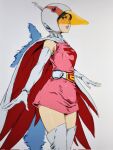  1girl assault_visor belt brown_eyes cape commentary cowboy_shot dress elbow_gloves gatchaman gloves helmet highres jun_the_swan lipstick looking_at_viewer makeup parted_lips pink_dress red_cape red_lips short_dress smash_k-tarou solo standing thighhighs two-sided_cape two-sided_fabric white_belt white_cape white_gloves white_helmet white_thighhighs zettai_ryouiki 