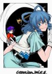  2girls absurdres blue_dress blue_eyes blue_hair dress drill_hair frilled_dress frills gloves hagoromo hair_ornament hair_stick highres kaku_seiga miyako_yoshika multiple_girls ofuda ofuda_on_head red_shirt ryoan_(voyagehermitage) shawl shirt smile touhou white_gloves 