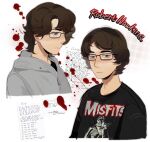  1boy :| aged_down animification arms_at_sides black-framed_eyewear black_eyes black_shirt blood blood_splatter blush brown_hair character_name closed_mouth clothes_writing commentary cropped_shoulders cropped_torso empty_eyes english_commentary english_text expressionless from_side frown glasses goodfolk2 grey_jacket halftone halftone_background highres hood hood_down hooded_jacket jacket jitome looking_at_viewer looking_down lower_eyelashes_only male_focus md5_mismatch misfits mole mole_under_eye multiple_views nose_blush paper parted_bangs photo-referenced real_life rectangular_eyewear robert_hawkins shirt short_hair simple_background thick_eyebrows third-party_edit true_crime v-shaped_eyebrows white_background zipper 