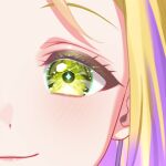  1girl blonde_hair blush close-up closed_mouth commentary_request diamond-shaped_pupils diamond_(shape) eye_focus looking_at_viewer love_live! love_live!_sunshine!! multicolored_hair official_art ohara_mari pink_lips purple_hair smile solo symbol-shaped_pupils tareme two-tone_hair yellow_eyes 