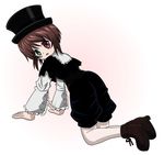  bent_over blush boku boku_in_black brown_hair female full_body gradient gradient_background hat heterochromia highres rozen_maiden short_hair solo souseiseki 